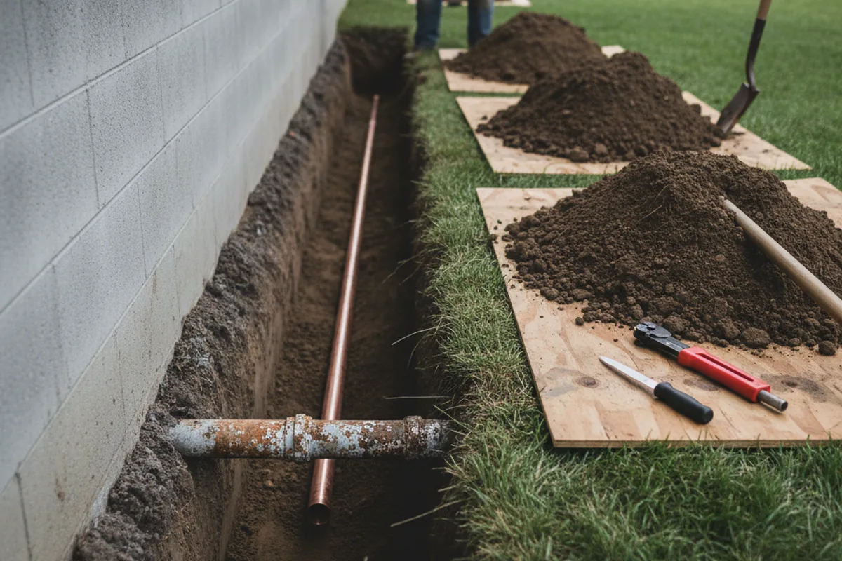 Excavated water line trench during Sewer Line Repair in Gallitzin